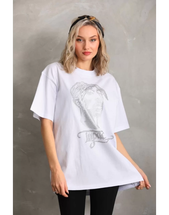 Unisex Taş Desenli Oversize T-Shirt - Beyaz