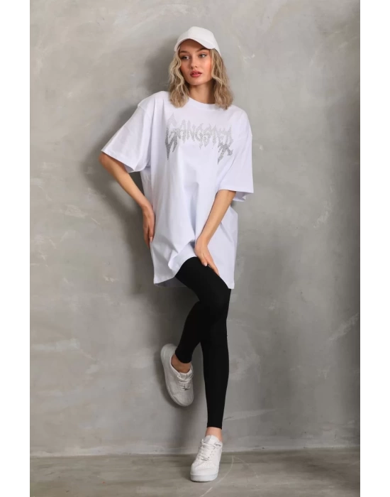 Unisex Taş Desenli Oversize T-Shirt - Beyaz