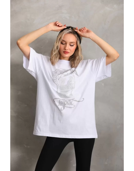 Unisex Taş Desenli Oversize T-Shirt - Beyaz