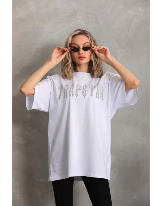 Unisex Taş Desenli Oversize T-Shirt - Beyaz