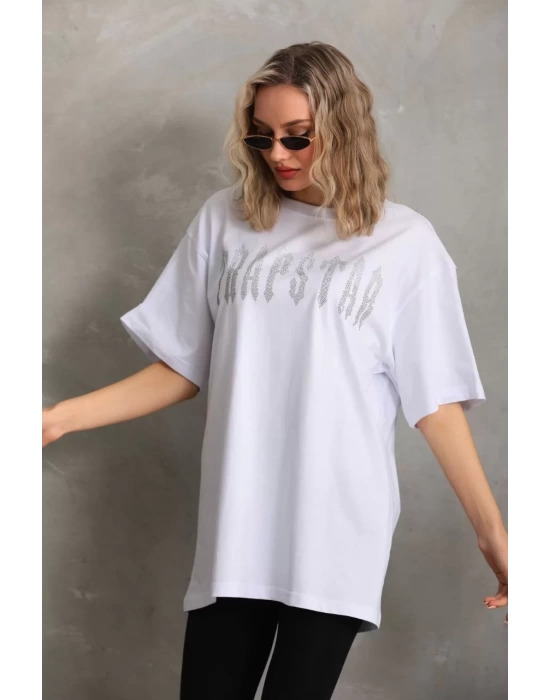 Unisex Taş Desenli Oversize T-Shirt - Beyaz