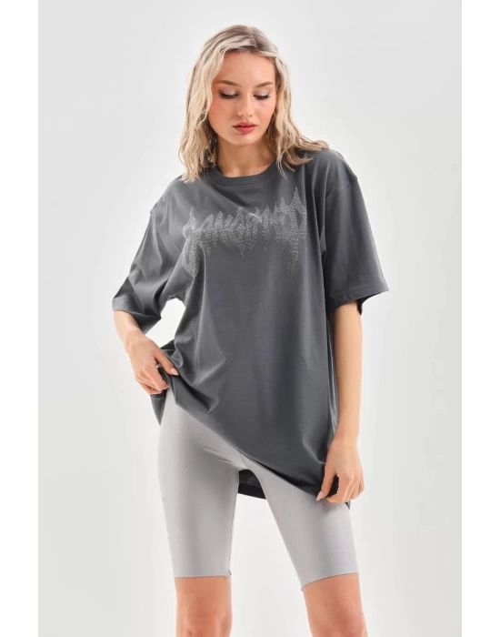 Unisex Taş Desenli Oversize T-Shirt - Füme