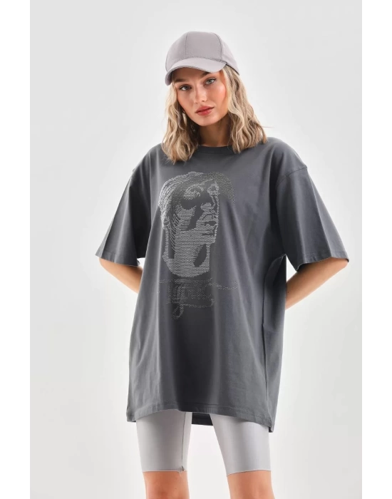 Unisex Taş Desenli Oversize T-Shirt - Füme