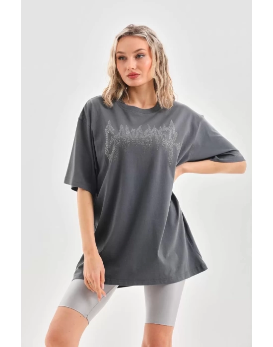 Unisex Taş Desenli Oversize T-Shirt - Füme