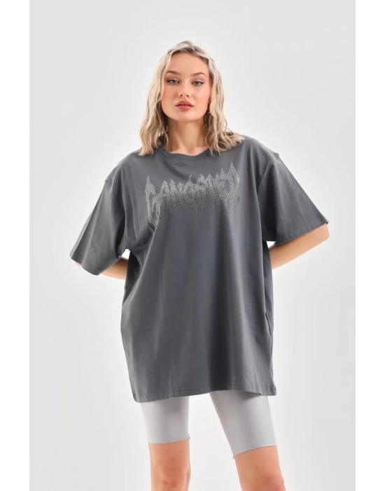 Unisex Taş Desenli Oversize T-Shirt - Füme