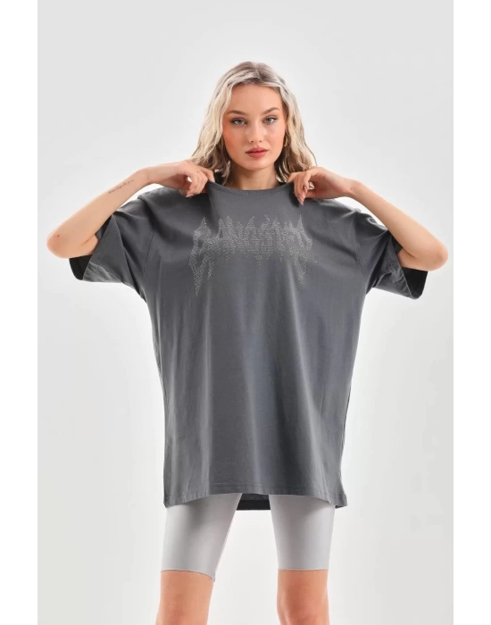 Unisex Taş Desenli Oversize T-Shirt - Füme