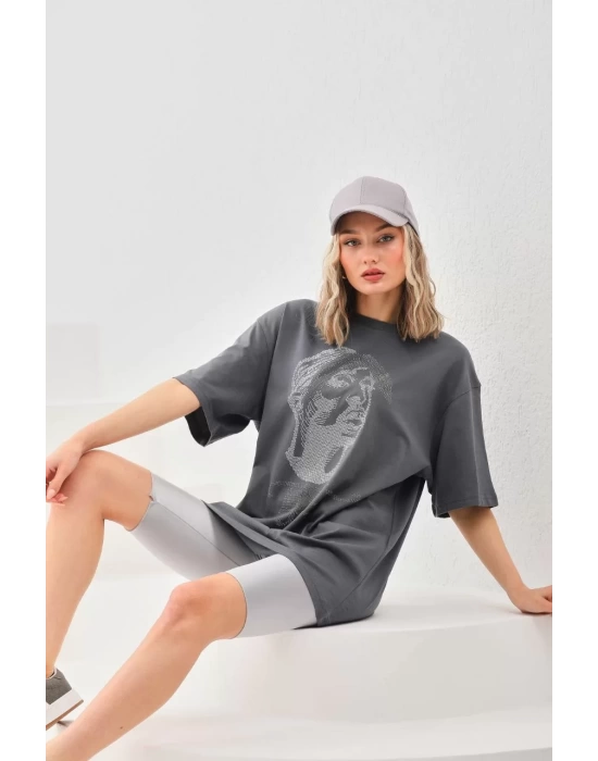 Unisex Taş Desenli Oversize T-Shirt - Füme