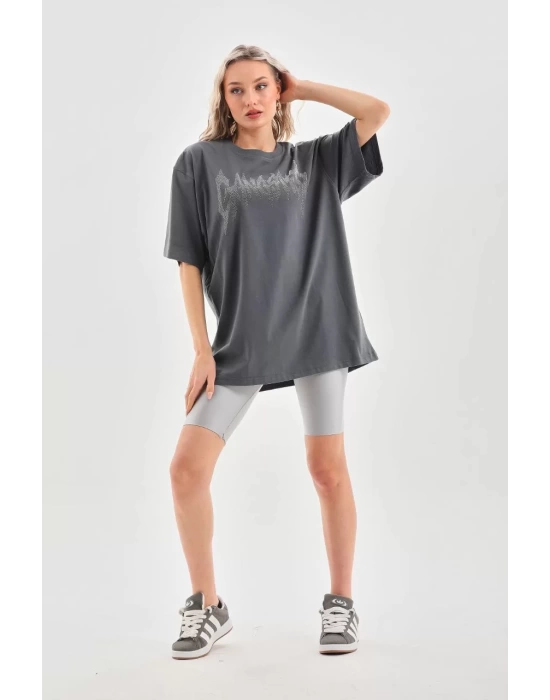 Unisex Taş Desenli Oversize T-Shirt - Füme