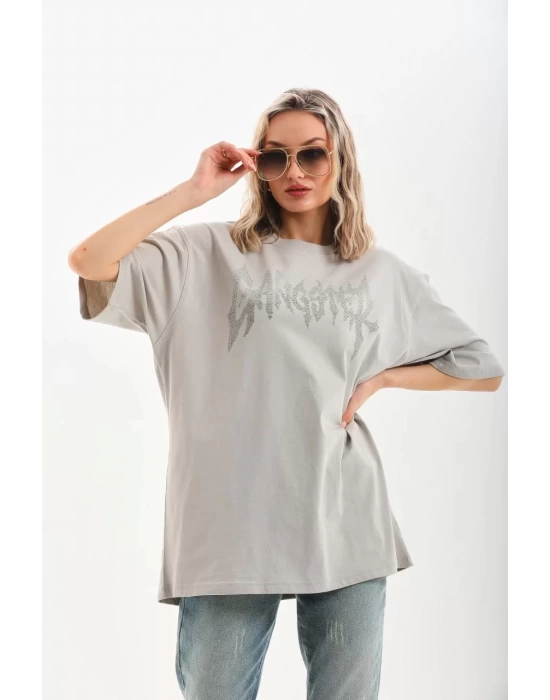 Unisex Taş Desenli Oversize T-Shirt - Gri