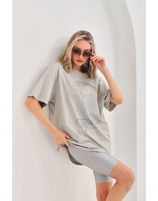 Unisex Taş Desenli Oversize T-Shirt - Gri