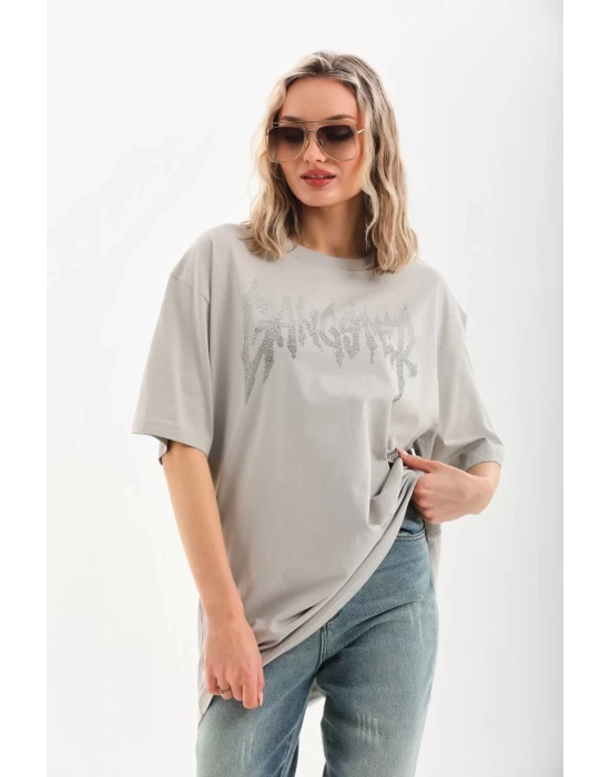 Unisex Taş Desenli Oversize T-Shirt - Gri