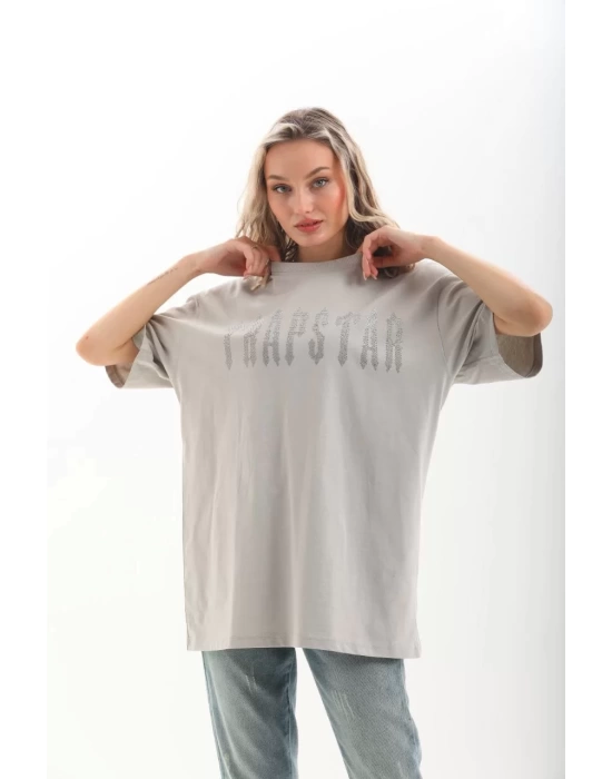 Unisex Taş Desenli Oversize T-Shirt - Gri