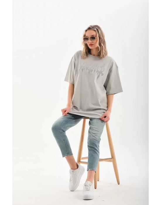 Unisex Taş Desenli Oversize T-Shirt - Gri