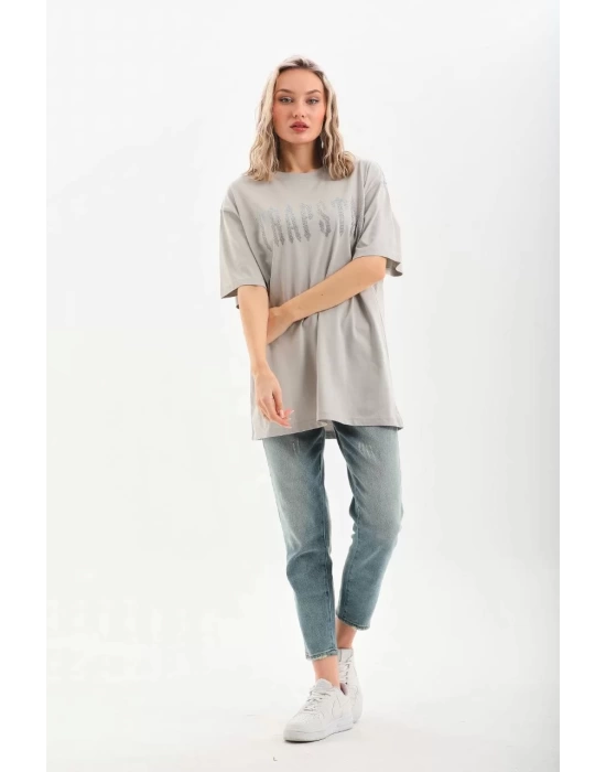 Unisex Taş Desenli Oversize T-Shirt - Gri