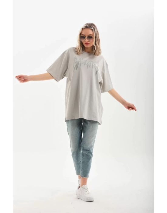 Unisex Taş Desenli Oversize T-Shirt - Gri