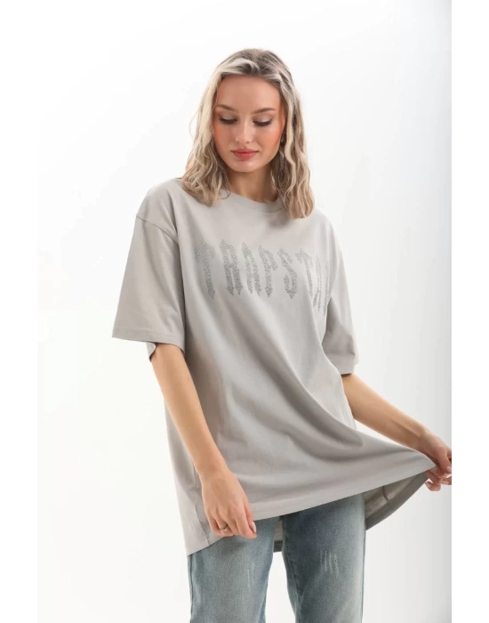 Unisex Taş Desenli Oversize T-Shirt - Gri