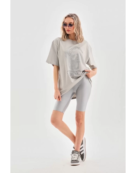 Unisex Taş Desenli Oversize T-Shirt - Gri