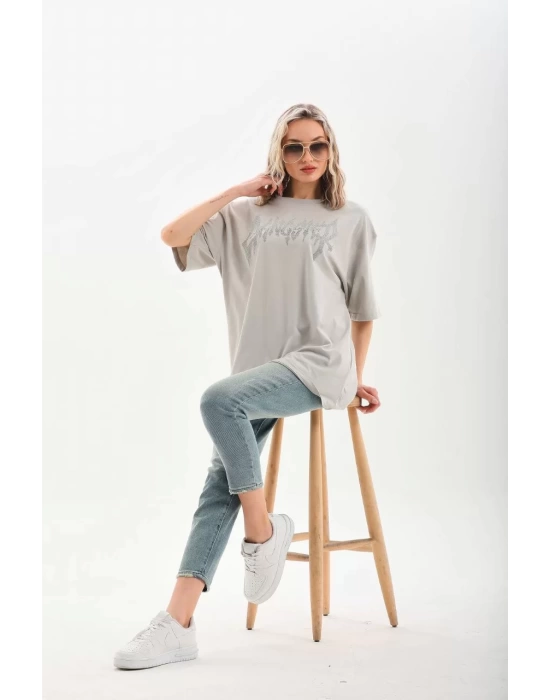 Unisex Taş Desenli Oversize T-Shirt - Gri