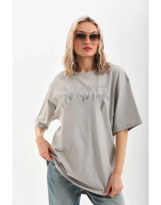 Unisex Taş Desenli Oversize T-Shirt - Gri