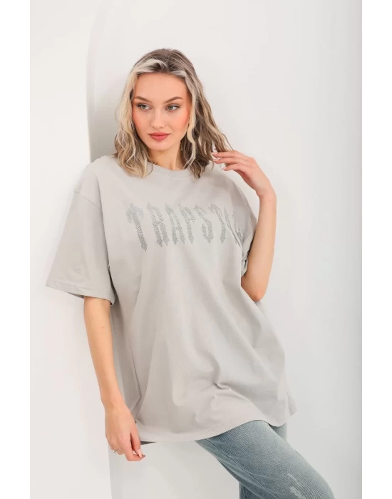 Unisex Taş Desenli Oversize T-Shirt - Gri