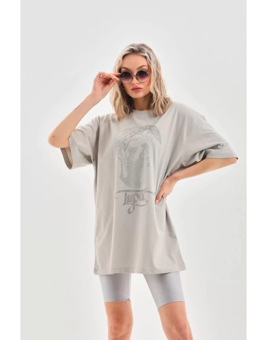 Unisex Taş Desenli Oversize T-Shirt - Gri