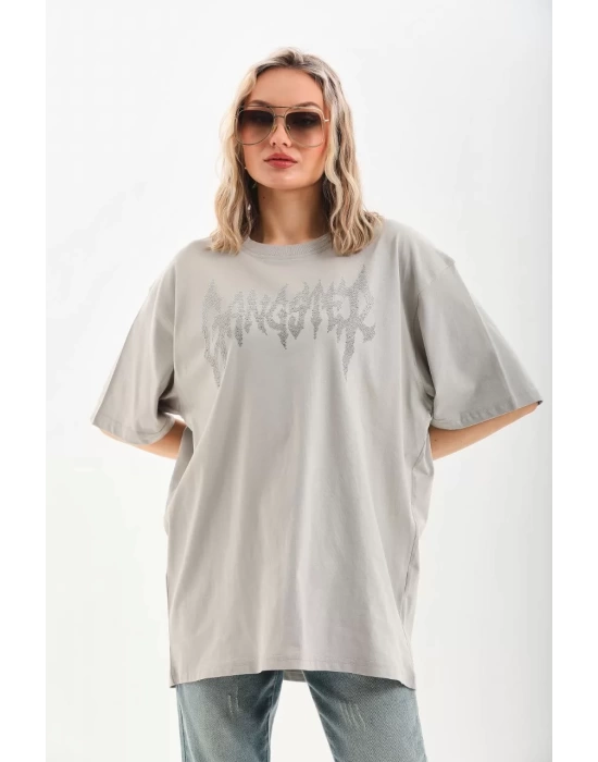 Unisex Taş Desenli Oversize T-Shirt - Gri