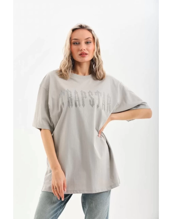 Unisex Taş Desenli Oversize T-Shirt - Gri