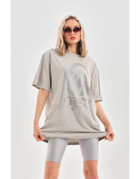 Unisex Taş Desenli Oversize T-Shirt - Gri