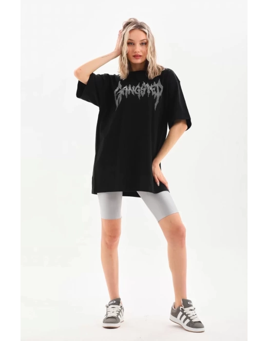 Unisex Taş Desenli Oversize T-Shirt - Siyah