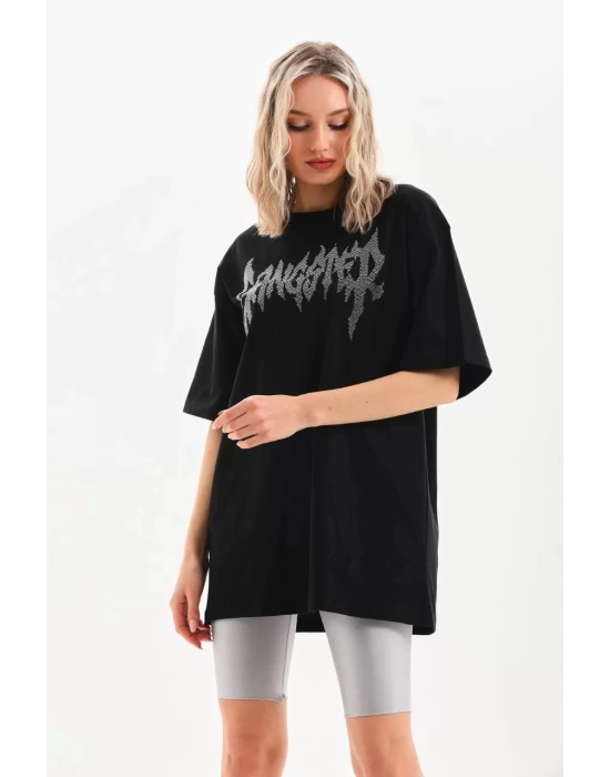 Unisex Taş Desenli Oversize T-Shirt - Siyah