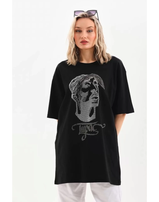 Unisex Taş Desenli Oversize T-Shirt - Siyah