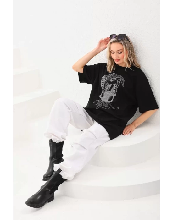 Unisex Taş Desenli Oversize T-Shirt - Siyah