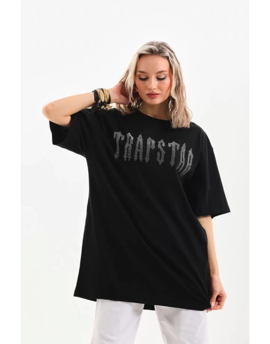 Unisex Taş Desenli Oversize T-Shirt - Siyah