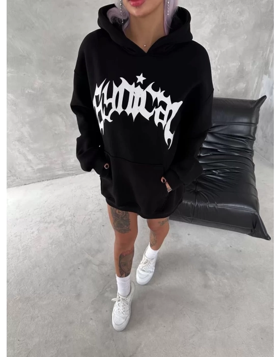 Unisex Üç İplik Kapşonlu Baskılı SweatShirt - Siyah