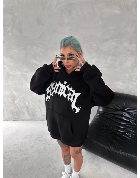 Unisex Üç İplik Kapşonlu Baskılı SweatShirt - Siyah