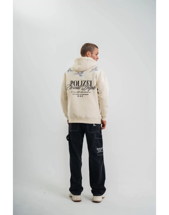 Unisex Uzun Kol Bisiklet Yaka Yıkamalı SweatShirt - Krem