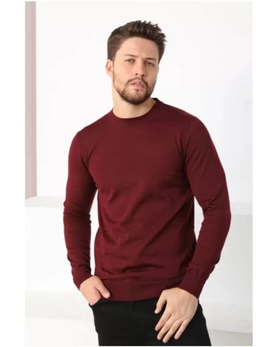 Unisex Uzun Kol Biskilet Yaka Dokuma Triko - Bordo