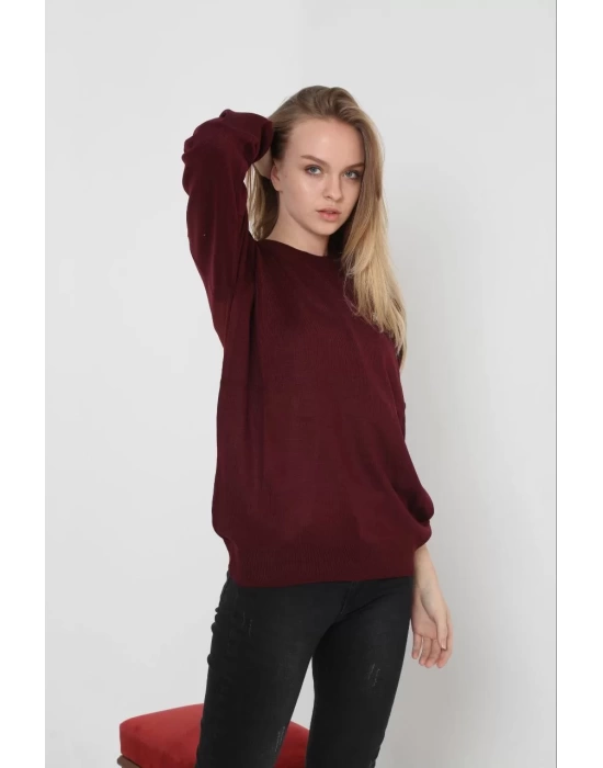 Unisex Uzun Kol Biskilet Yaka Dokuma Triko - Bordo