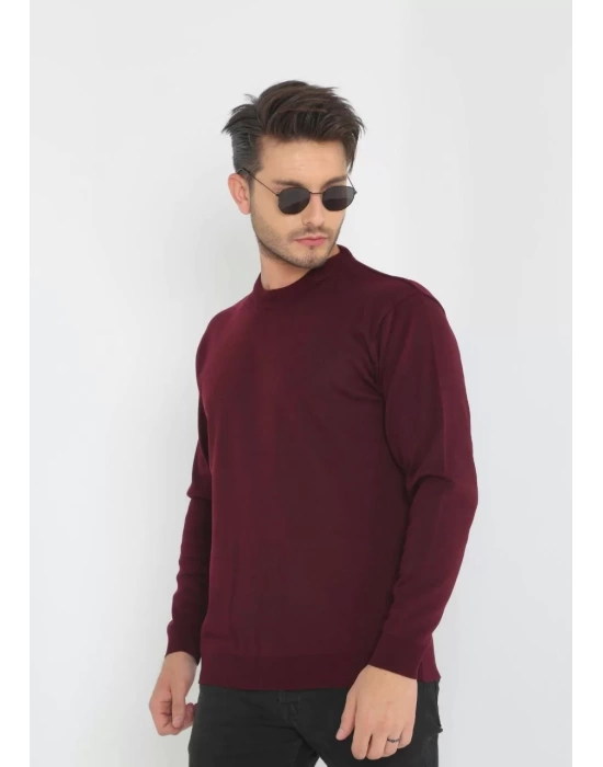 Unisex Uzun Kol Biskilet Yaka Dokuma Triko - Bordo