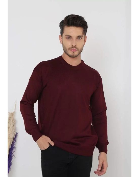 Unisex Uzun Kol Biskilet Yaka Dokuma Triko - Bordo