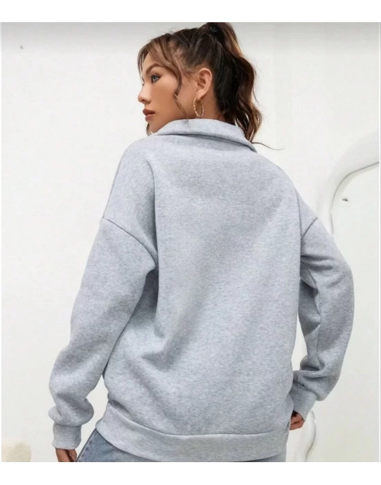 Unisex Uzun Kol Yarım Farmuarlı Yakalı Basic SweatShirt - Gri