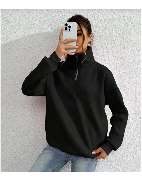 Unisex Uzun Kol Yarım Farmuarlı Yakalı Basic SweatShirt - Siyah