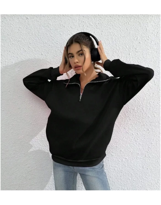 Unisex Uzun Kol Yarım Farmuarlı Yakalı Basic SweatShirt - Siyah