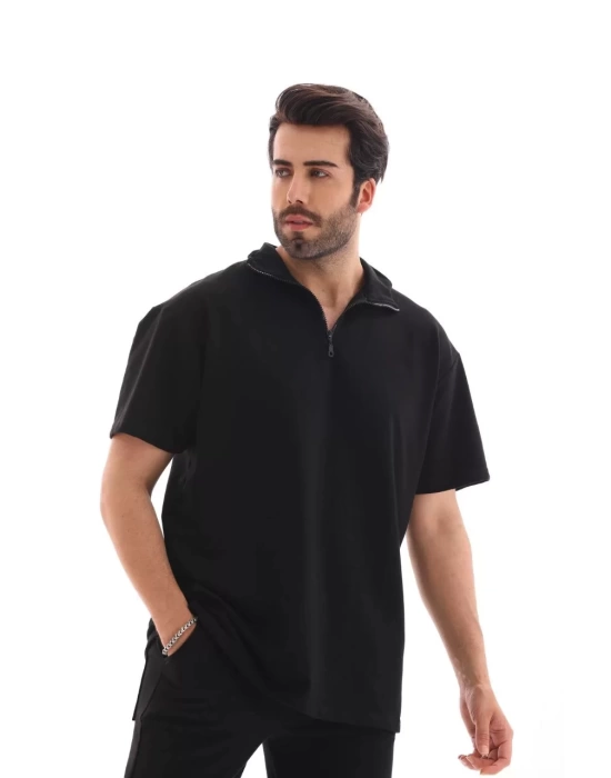 Unisex Yakalı Fermuarlı Oversize T-Shirt Şortlu Takım - Siyah