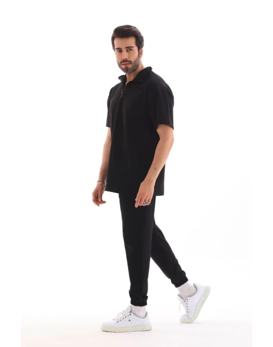 Unisex Yakalı Oversize T-Shirt Eşofmanlı Takım - Siyah