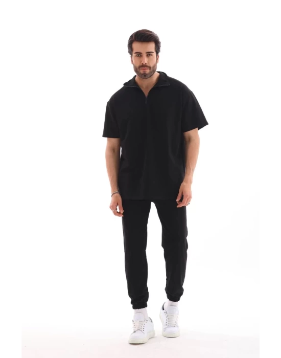 Unisex Yakalı Oversize T-Shirt Eşofmanlı Takım - Siyah