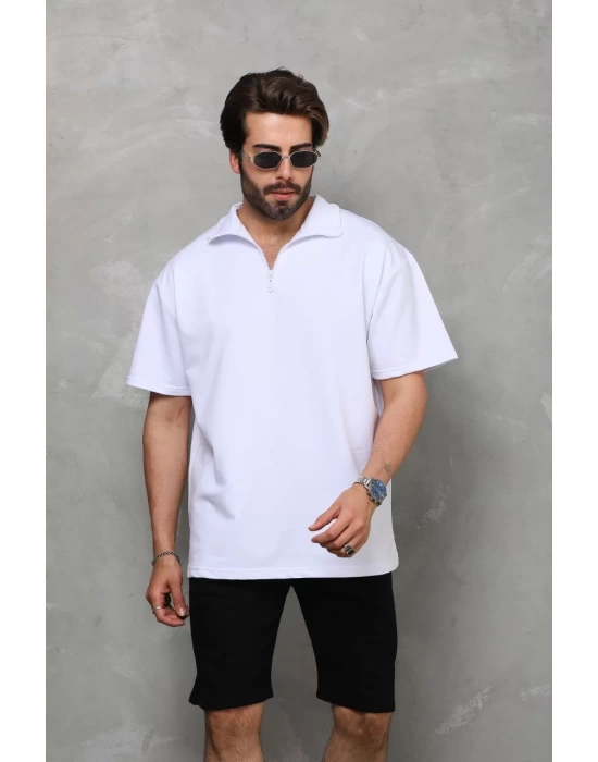 Unisex Yarım Fermuarlı Düz Oversize T-shirt - Beyaz