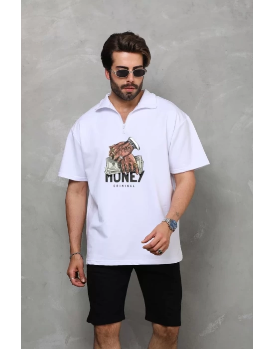 Unisex Yarım Fermuarlı Oversize Baskılı T-Shirt - Beyaz