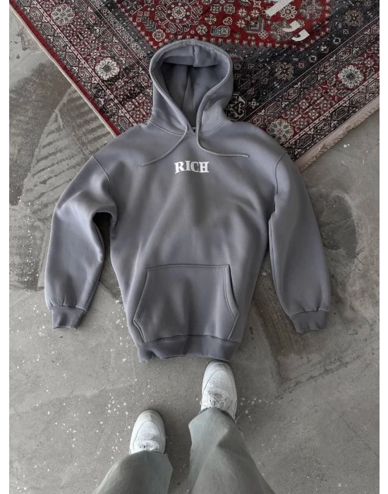 Uzun Kol Kapşonlu Göğüs Baskılı SweatShirt - Gri