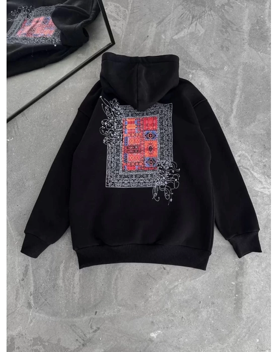 Uzun Kol Kapşonlu Ön Ve Arka Baskılı SweatShirt - Siyah